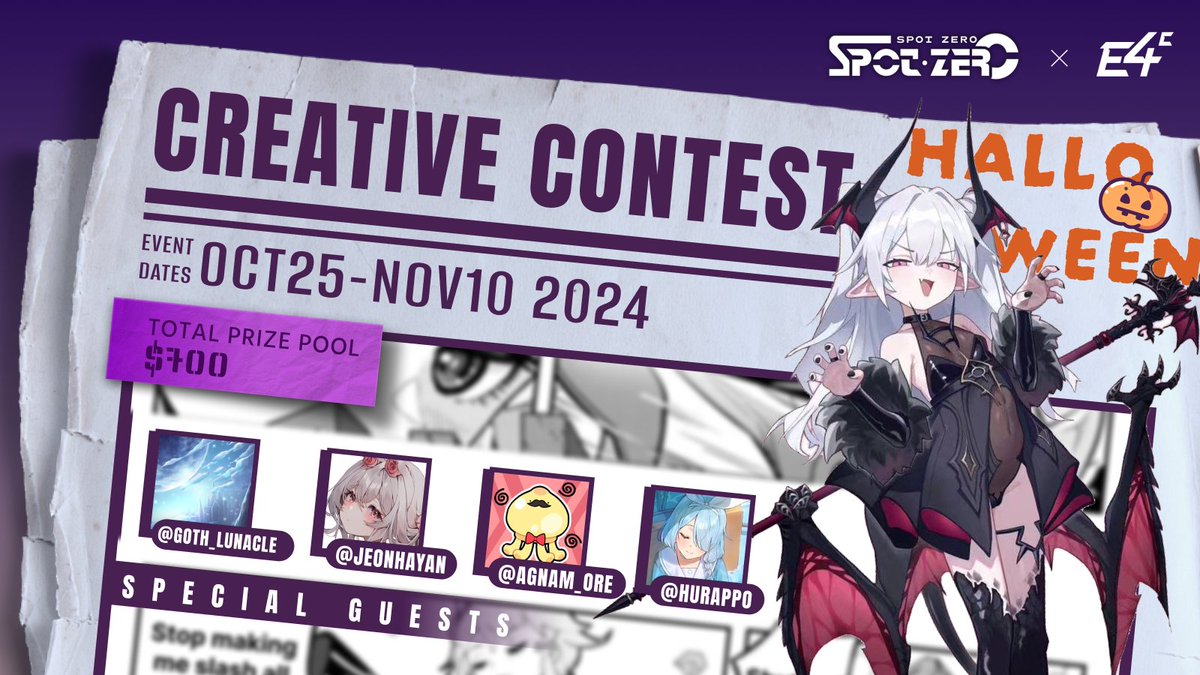 SpotZero_Game's tweet photo. 🎃👻 Get ready for the #SpotZeroHalloween Creative Contest! 🎨✨

Create spooky Spot Zero-inspired art or cosplay and win big!
🗓️ Event: Oct 25 - Nov 10, 2024
🏆 Prize Pool: 700 USDT
1st: 300 USDT, 2nd: 100 USDT (x2), 3rd: 50 USDT (x4)

🎃How to enter:
1. Like & RT this tweet
2. Share your creation with #SpotZeroHalloween
3. Tag @SpotZero_Game

Get creative and join the fun! 🎃