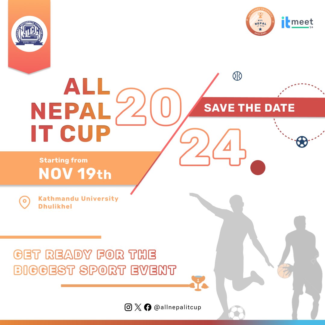 allnepalitcup's tweet photo. 📅 Save the date! The All Nepal IT Cup 2024 kicks off on Nov 19th at Kathmandu University, Dhulikhel. Get ready for the biggest sports event! 🏆⚽🏀
#AllNepalITCup #ITCup2024 #itmeet #SaveTheDate https://t.co/yrs3zlui4L