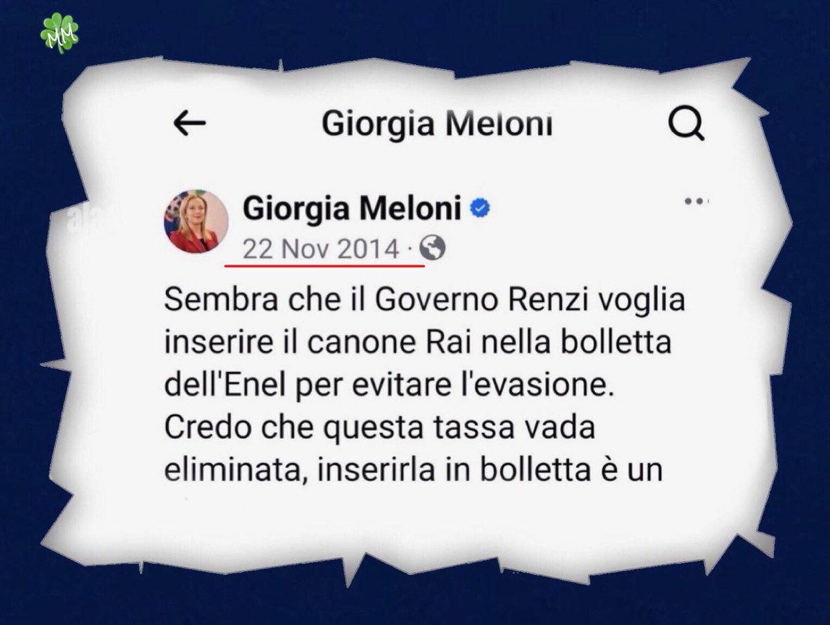 Mosquitas77's tweet photo. Ci ricordiamo la Meloni nel 2014, governo @matteorenzi, quando diceva che era un abuso il #canoneRai in bolletta.

Ora addirittura lo aumenteranno di 20,00 euro. 

Le #giravoltediGiorgia 🍀 https://t.co/ZoVZMma6Am