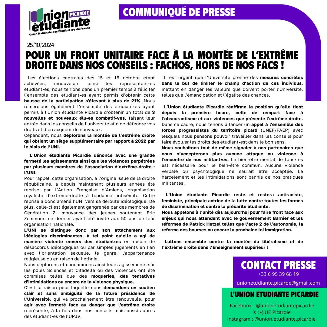 📣 Communiqué 
Pour un front unitaire face à la montée de l’extrême droite dans nos conseils.

Le combat n’est pas terminé, il faut continuer à combattre l’extrême droite afin de dénoncer leurs agissements et violences sur nos campus.

Facho hors de nos facs !