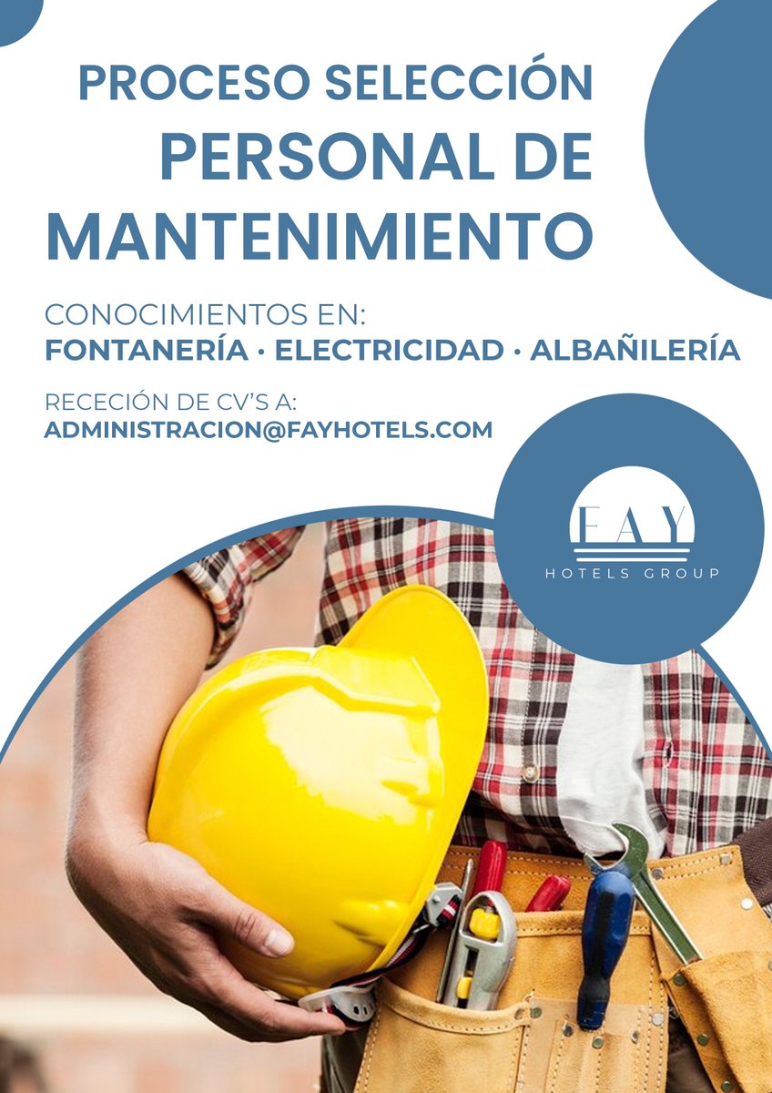 👷 OFERTA DE TRABAJO 👷‍♂️

Estamos buscando un técnico de mantenimiento  para unirse a nuestro equipo en FAY Hotels Group.

👉 Experiencia previa

👉 Conocimiento en electricidad, fontanería y albañilerí

📩 administración@fayhotels.com