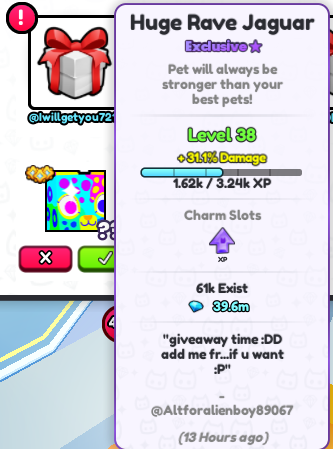 Der3_Al3arab's tweet photo. 🎶 Huge Rave Jaguar - Pet Simulator 99 Giveaway 🐱

Requirements:
- Follow @Der3_Al3arab &amp; @IsRobotic 👥
- Like ❤ &amp; Retweet ♻
- Comment your Username 💬

Ends in 2-3 Days! https://t.co/xMssfeFSmv