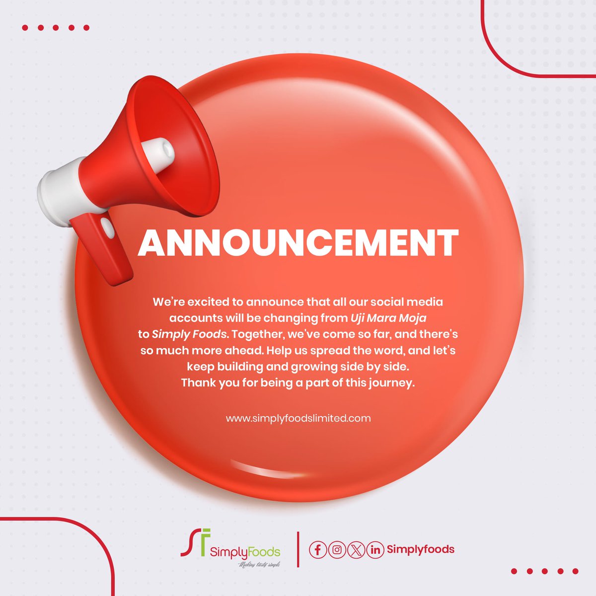 Simply_Foods_KE's tweet image. ✨Exciting News✨

We are updating our social media handles from Uji Mara Moja to  Simply Foods —same great brand different account name. Stay tune for more exciting news ❤️

#Simplyfoods #Newaccountname #Samebrand #Madeinkenya