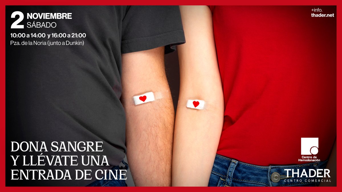CCTHADER's tweet photo. Dona sangre 🩸 en Thader y llévate gratis una entrada de @CircuitoNeocine 🎬 y 2 viajes en @tranviademurcia 🚊 ¡El mejor regalo lo harás tú!  📅 Sábado, 02/11 ⏰ 10:00-14:00 y 16:00-21:00 📍 Plaza de la Noria de #CCThader ¡Te esperamos! 🧡 #SueñaEnThader @DonarSangreMU https://t.co/XoZ7lnQcXk