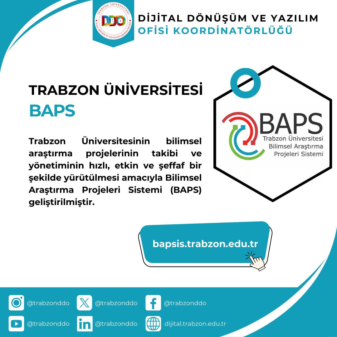 Trabzon Üni. Dijital Dönüşüm ve Yazılım Ofisi (@trabzonddo) on Twitter photo Trabzon Üniversitesinin bilimsel araştırma projelerinin takibi ve yönetiminin hızlı, etkin ve şeffaf bir şekilde yürütülmesi amacıyla Bilimsel Araştırma Projeleri Sistemi (BAPS) geliştirilmiştir.
<a href="/trabzonuniv/">Trabzon Üniversitesi</a> #baps #bilimselaraştırma #dijitaldönüşüm #trabzonüniversitesi Trabzon Üniversitesinin bilimsel araştırma projelerinin takibi ve yönetiminin hızlı, etkin ve şeffaf bir şekilde yürütülmesi amacıyla Bilimsel Araştırma Projeleri Sistemi (BAPS) geliştirilmiştir.
<a href="/trabzonuniv/">Trabzon Üniversitesi</a> #baps #bilimselaraştırma #dijitaldönüşüm #trabzonüniversitesi
