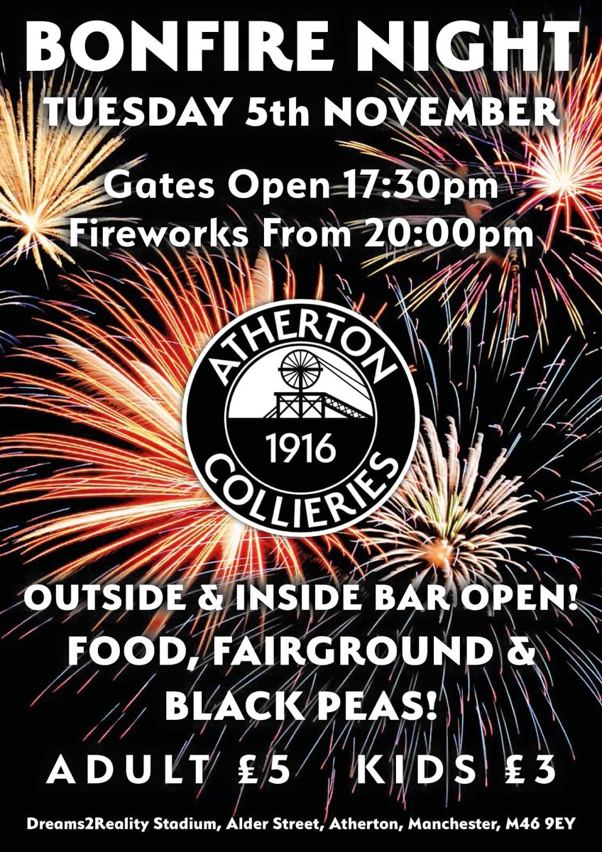 𝑹𝒆𝒎𝒆𝒎𝒃𝒆𝒓, 𝑹𝒆𝒎𝒆𝒎𝒃𝒆𝒓 💥

We are excited to confirm details of our upcoming Bonfire Night celebrations at the Dreams2Reality Stadium 🙌

Both bars will be open, alongside food, a fairground &amp; black peas. Cash and card turnstiles. Come along &amp; enjoy the fireworks! 🎉