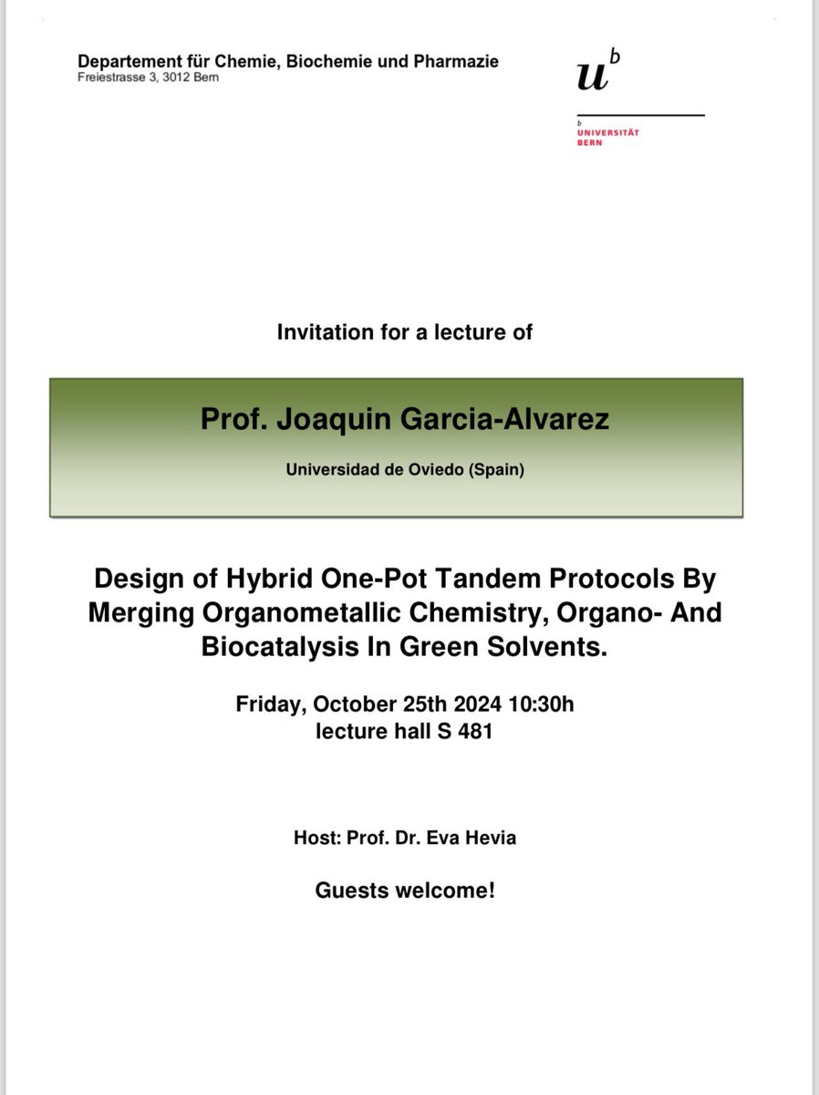 EvaHeviaGroup's tweet image. Inspiring  talk by @JoaquinGA78 on the power of #DES  in #organometallic synthesis and #biocatalysis @Fac_Quim_Uniovi Thanks so much for bringing your magic to @DCBPunibern