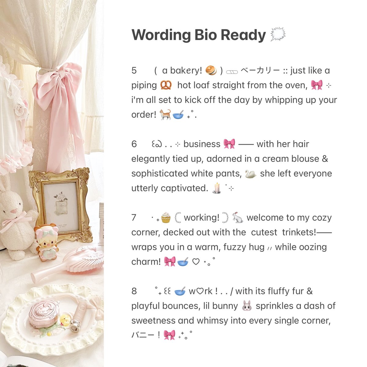 please help repost? thankyou! 🥣

aurora membawa 8 wording biography  ready stock for  business  account, bisa  kalian take   dengan  harga  3.500 / each  and  take  3  for 1O.OOO!  see you di dm, dear~ 🧁🐰

#zonauang #zonajajan 
t. bio rs ba