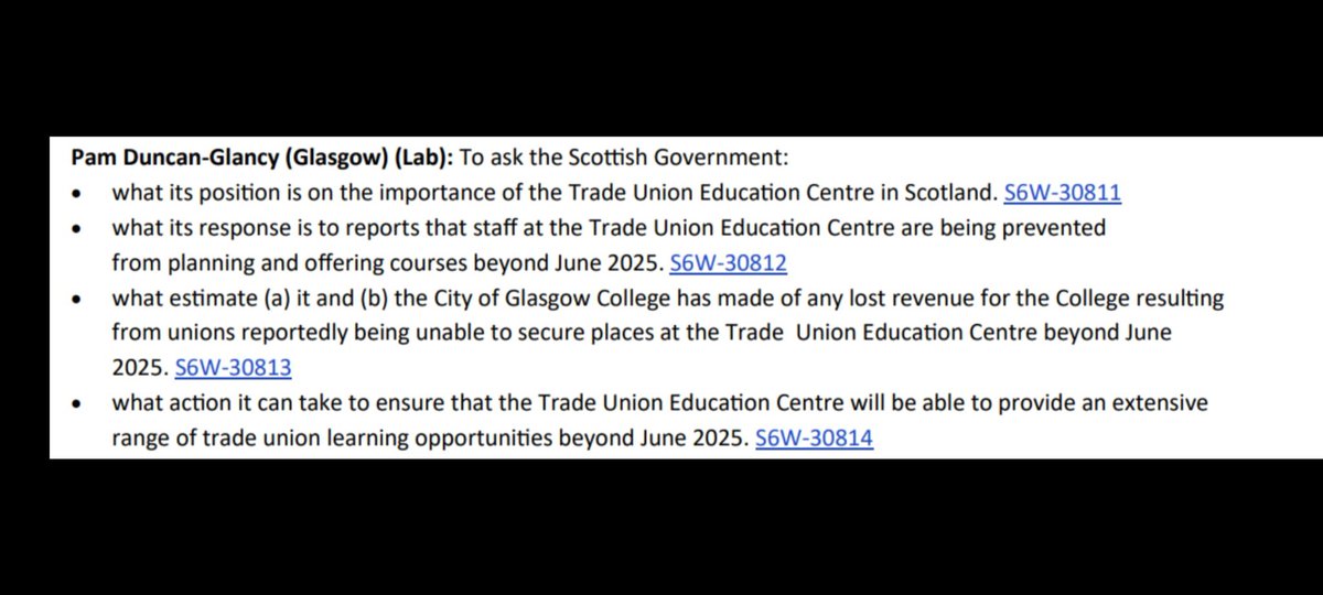 Thanks to <a href="/GlasgowPam/">Pam Duncan-Glancy MSP</a> for submitting these parliamentary questions on the future of the Glasgow Trade Union Education Centre - we await a response from college bosses.