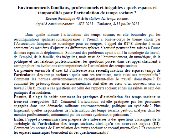 RT_articulation's tweet photo. 🤩ça y est, notre appel à communications pour le congrès de l'AFS à Toulouse en juillet 2025 est en ligne ! 
Environnements familiaux, professionnels et inégalités : quels espaces et temporalités pour l’articulation de temps sociaux ?
https://t.co/z0sfJF9vKU https://t.co/idqX0QOUW6