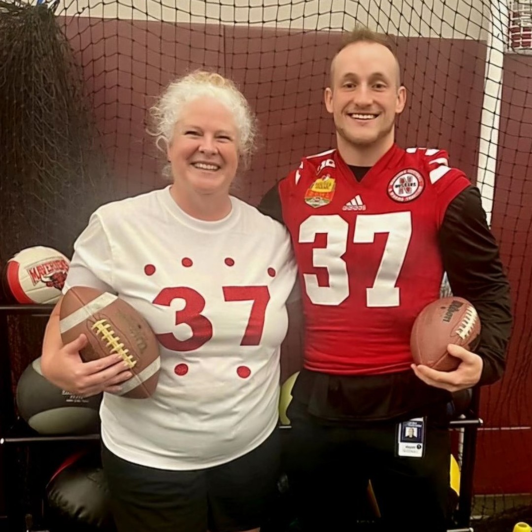 After three knee surgeries and a long recovery period, Judi Spears celebrated her physical therapy graduation in a special way! To show her appreciation, she created a custom fan jersey in honor of her physical therapist and former Nebraska Cornhusker, Wyatt Mazour, PT, DPT. #GBR