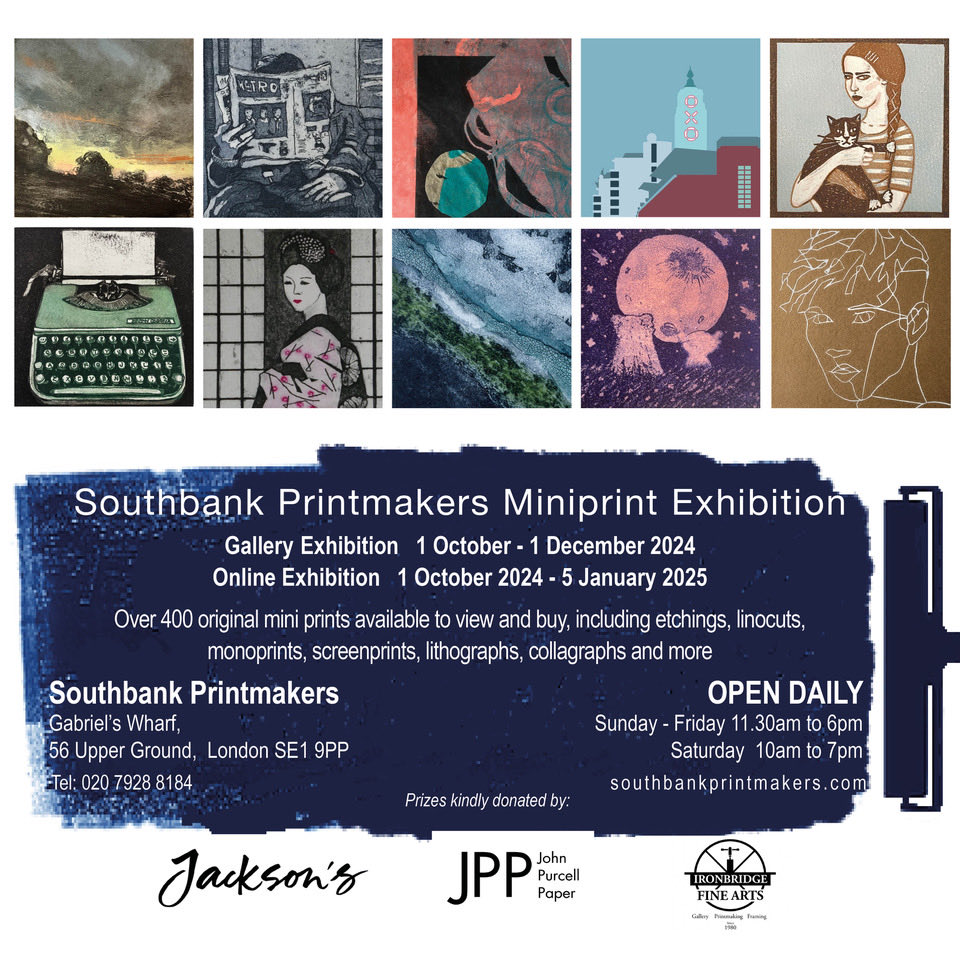Delighted to have two relief prints in the Mini Print Exhibition 2024 @southbank_printmakers at Unit 12, Gabriel’s Wharf, London SE1 9PP (between Southbank Centre and Oxo Tower). Show runs until December 1st 2024. Also online southbankprintmakers.com/miniprint2024