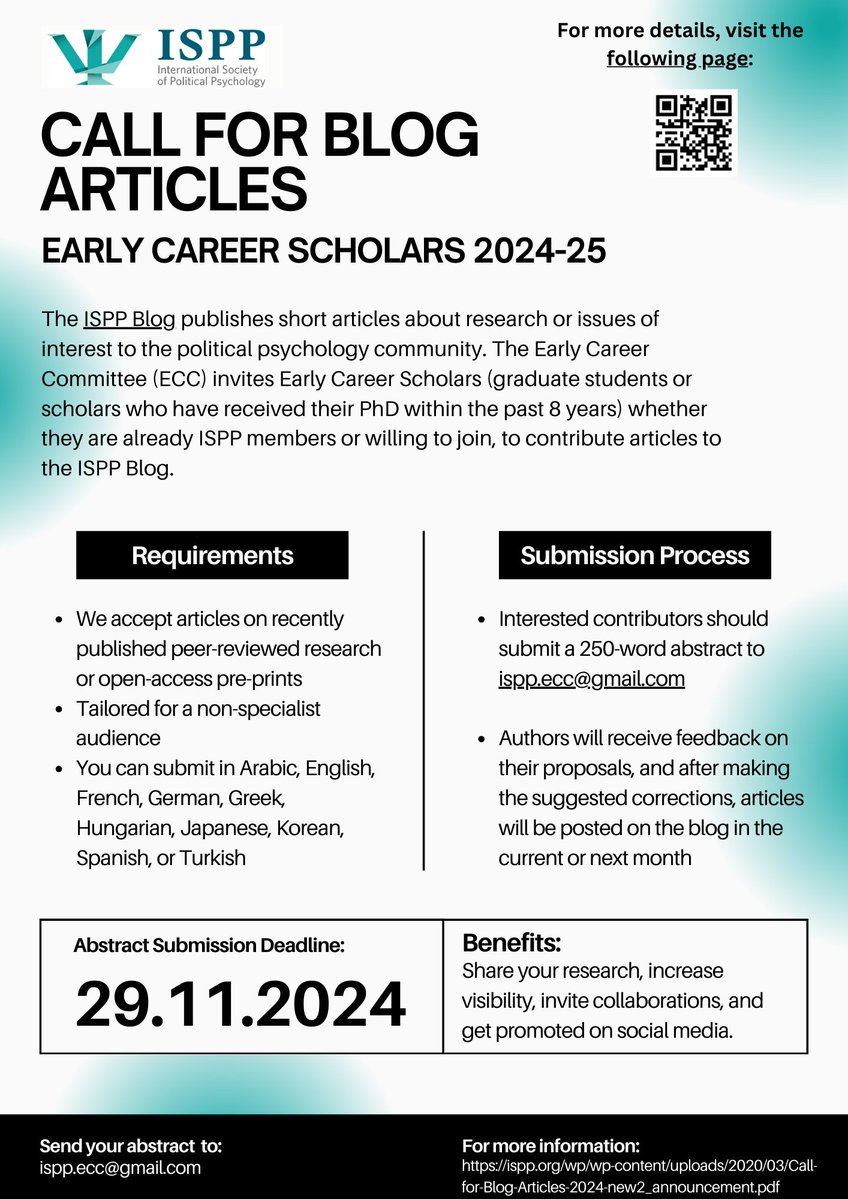 📢Calling Early Career Scholars in Political Psychology!📝

The ISPP Blog is seeking short research articles! If you're an Early Career Scholar, whether ISPP member or willing to join, submit a 250-word abstract by Nov 29, 2024.🌍🧠

Articles in multiple languages are accepted!