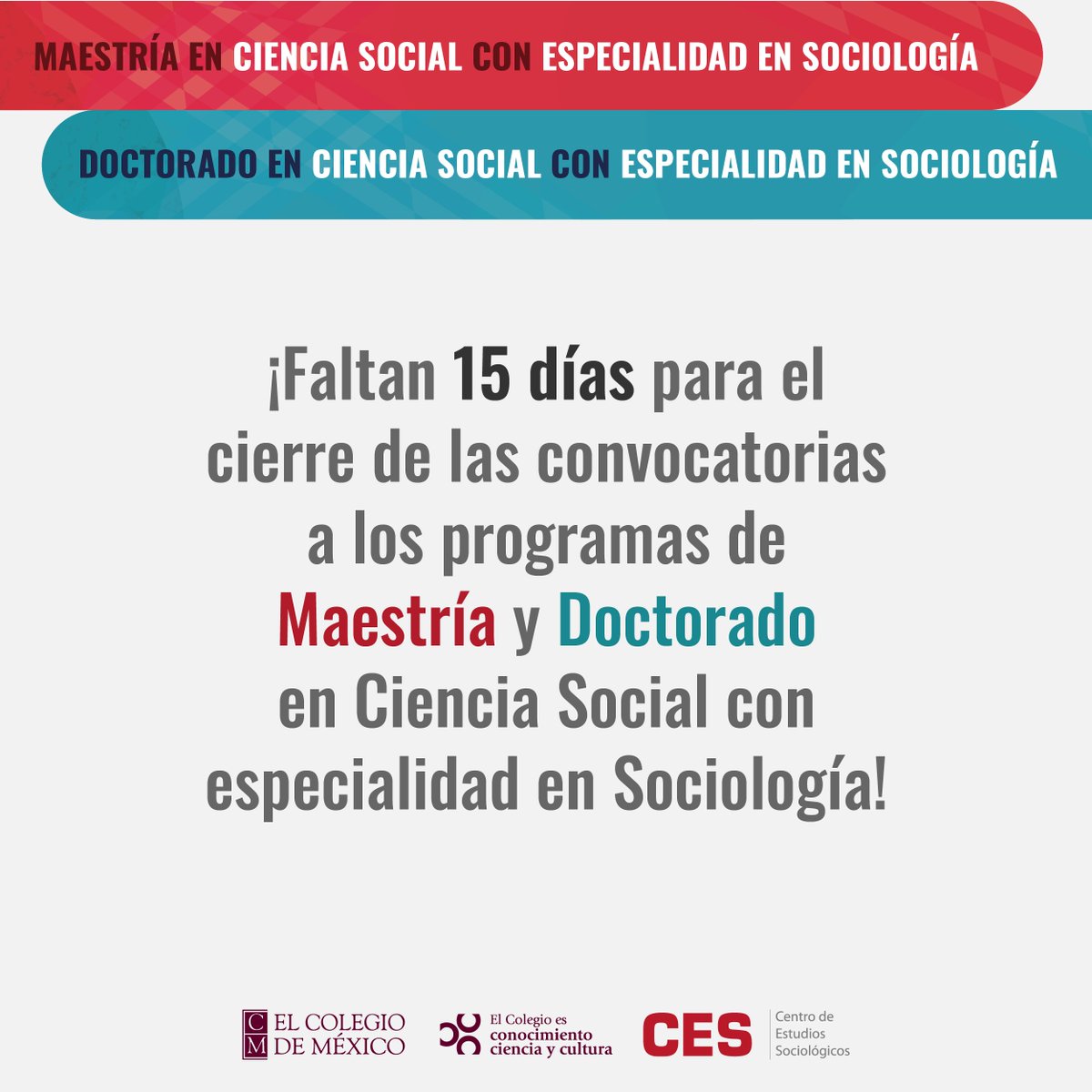 📢¡Faltan 15 días para el cierre de convocatoria de los programas de Maestría y Doctorado del CES!
Aún estás a tiempo para postular.

👉Más información:
🟥Maestría bit.ly/convocatoria-m…
🟦Doctorado bit.ly/convocatoria-d…
#Posgrados #Convocatoria #Maestrias #Doctorados