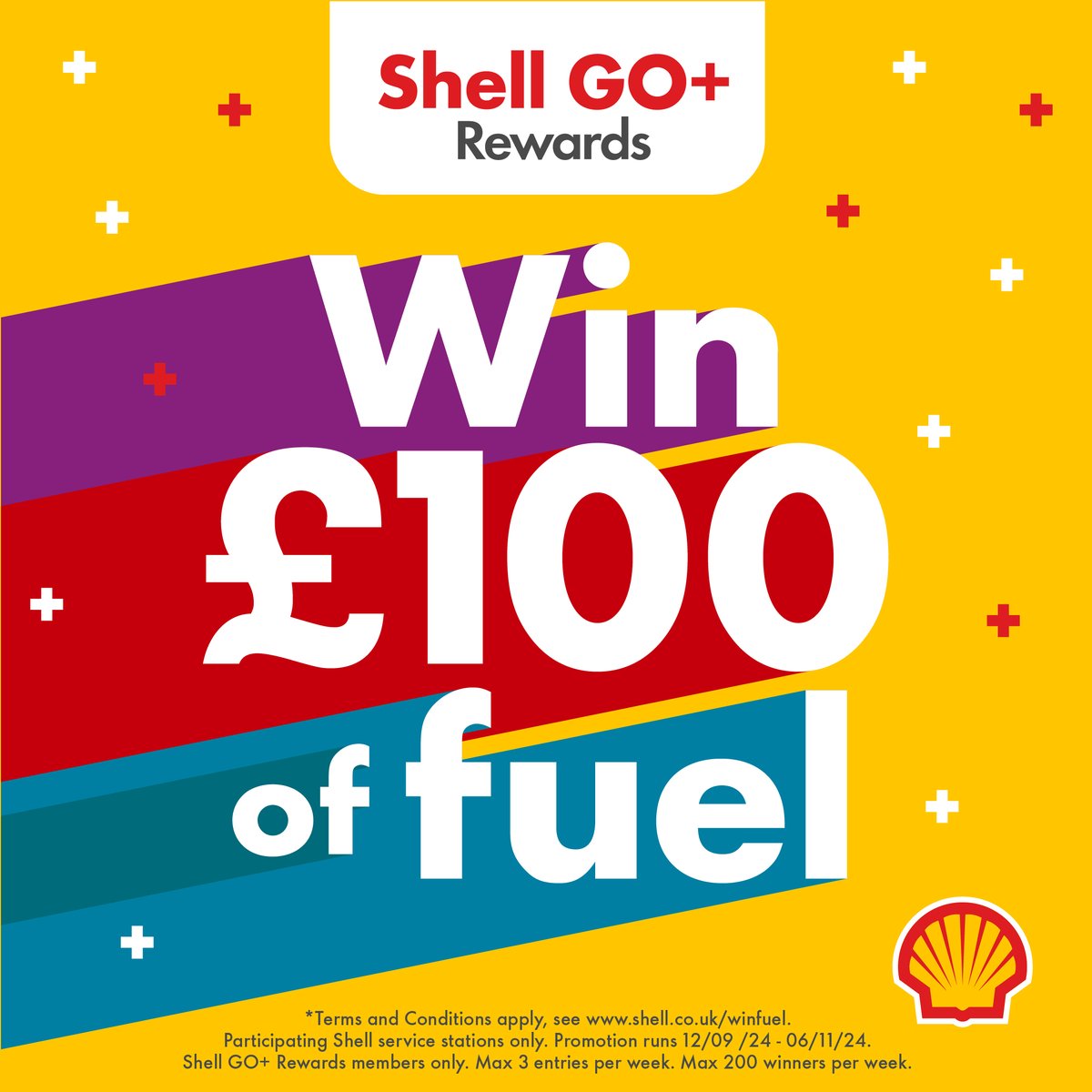 Your chance to win £100 of fuel with Shell GO+ Rewards* Spend £10 or more on any Shell fuel and scan your Shell App! Available until Wednesday 6 November 2024. *T&amp;Cs apply.  For more visit: go.shell.com/4eXtGbs