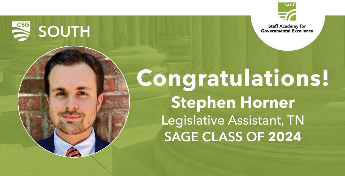 (1/2) Excited to announce that I have been accepted to the Staff Academy for Government Excellence (SAGE) Class of 2024. This professional leadership development program offered by <a href="/CSGSouth/">CSG South</a> will allow me the opportunity to further develop my personal and professional. . .