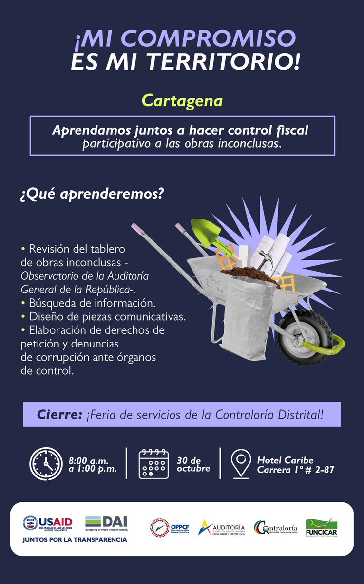 Funcicar (@funcicar) on Twitter photo El <a href="/ProgramaJxT/">Juntos por la Transparencia</a>, <a href="/AuditoriaGen/">Auditoría General de la República</a>, <a href="/ContraloriaCTG/">Contraloría Distrital de Cartagena de Indias</a> y Funcicar invitan al taller "Aprendamos juntos a hacer control fiscal participativo".
🔎Podrás conocer detalles sobre obras inconclusas y cómo denunciar.
🗓 Miércoles 30 de oct. - 8 a.m.
➡Entrada libre, hasta completar aforo. El <a href="/ProgramaJxT/">Juntos por la Transparencia</a>, <a href="/AuditoriaGen/">Auditoría General de la República</a>, <a href="/ContraloriaCTG/">Contraloría Distrital de Cartagena de Indias</a> y Funcicar invitan al taller "Aprendamos juntos a hacer control fiscal participativo".
🔎Podrás conocer detalles sobre obras inconclusas y cómo denunciar.
🗓 Miércoles 30 de oct. - 8 a.m.
➡Entrada libre, hasta completar aforo.