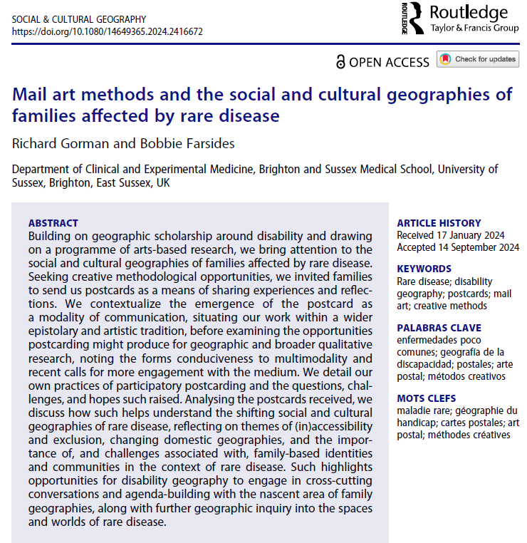SustainableRich's tweet photo. New piece by @Ethixbird &amp; I in @SocCultGeog  exploring the social and cultural elements of family life with rare disease, thinking what geography can add to discussions, and being a little creative with our methods by inviting reflections from our participants on a postcard! https://t.co/r2KxdJrbnE