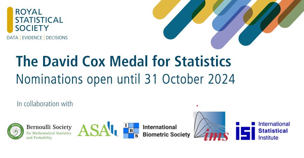 Royal Statistical Society (@royalstatsoc) on Twitter photo It's your last chance to nominate for the brand new prize we've started with <a href="/AmstatNews/">ASA</a> <a href="/BernoulliSoc/">Bernoulli Society</a> <a href="/IBSstats/">IBS</a> <a href="/InstMathStat/">IMS</a> & <a href="/IntStats/">إحصائيّات ومعلومات</a>.
The David Cox Medal will honour outstanding mid-career researchers, so nominate today 👉 ow.ly/Hp6x50TMHbJ It's your last chance to nominate for the brand new prize we've started with <a href="/AmstatNews/">ASA</a> <a href="/BernoulliSoc/">Bernoulli Society</a> <a href="/IBSstats/">IBS</a> <a href="/InstMathStat/">IMS</a> & <a href="/IntStats/">إحصائيّات ومعلومات</a>.
The David Cox Medal will honour outstanding mid-career researchers, so nominate today 👉 ow.ly/Hp6x50TMHbJ