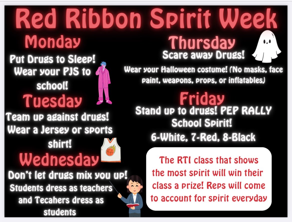 Next week is Red Ribbon! Let’s get in the spirit by being drug free from our heads to our toes! #FindYourSpirit