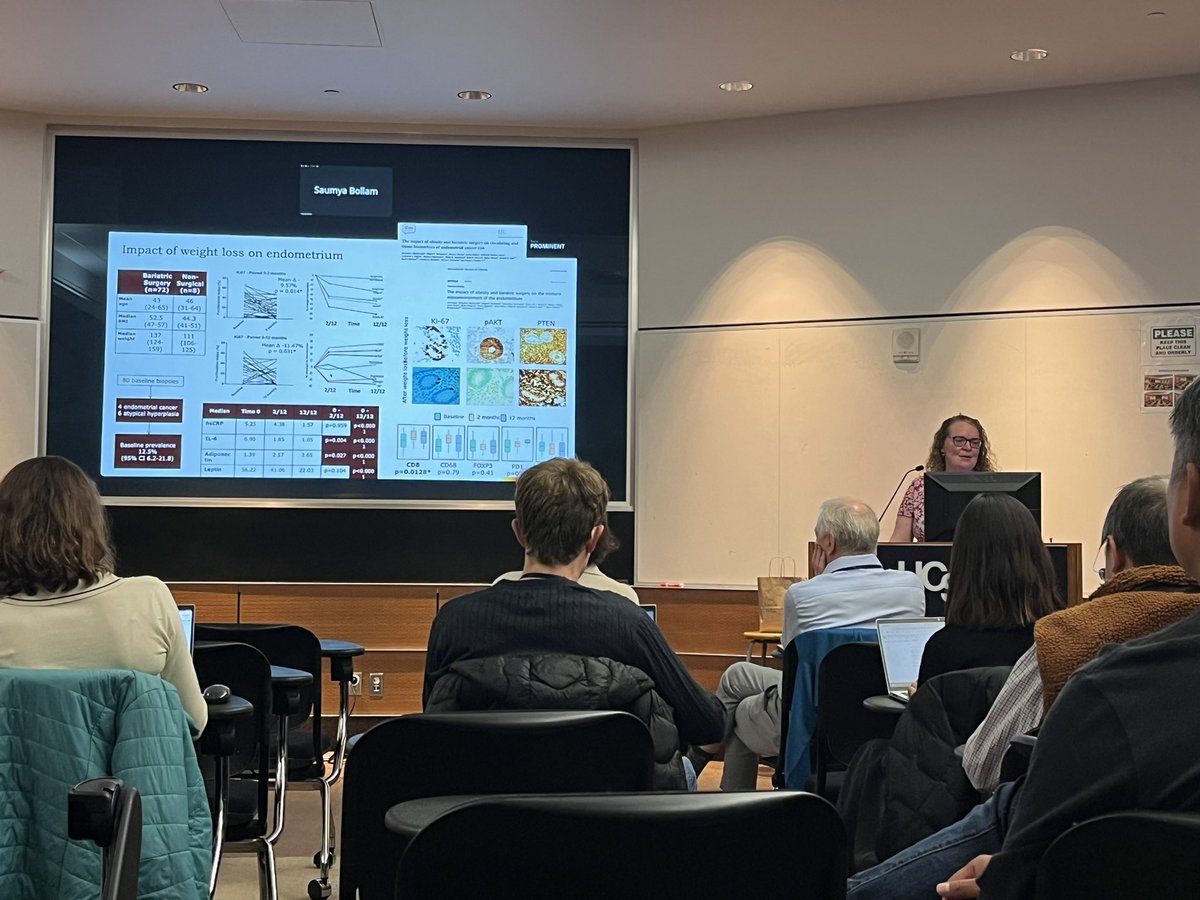 sarahbowds's tweet photo. @ProfEmmaCrosbie presenting on the Manchester team for the #PROMINENT weight loss study. Previous work shows weight loss can induce metabolic change - shifting the endometrium to a lower risk environment for cancer @UCSF https://t.co/WpYRlUclrb