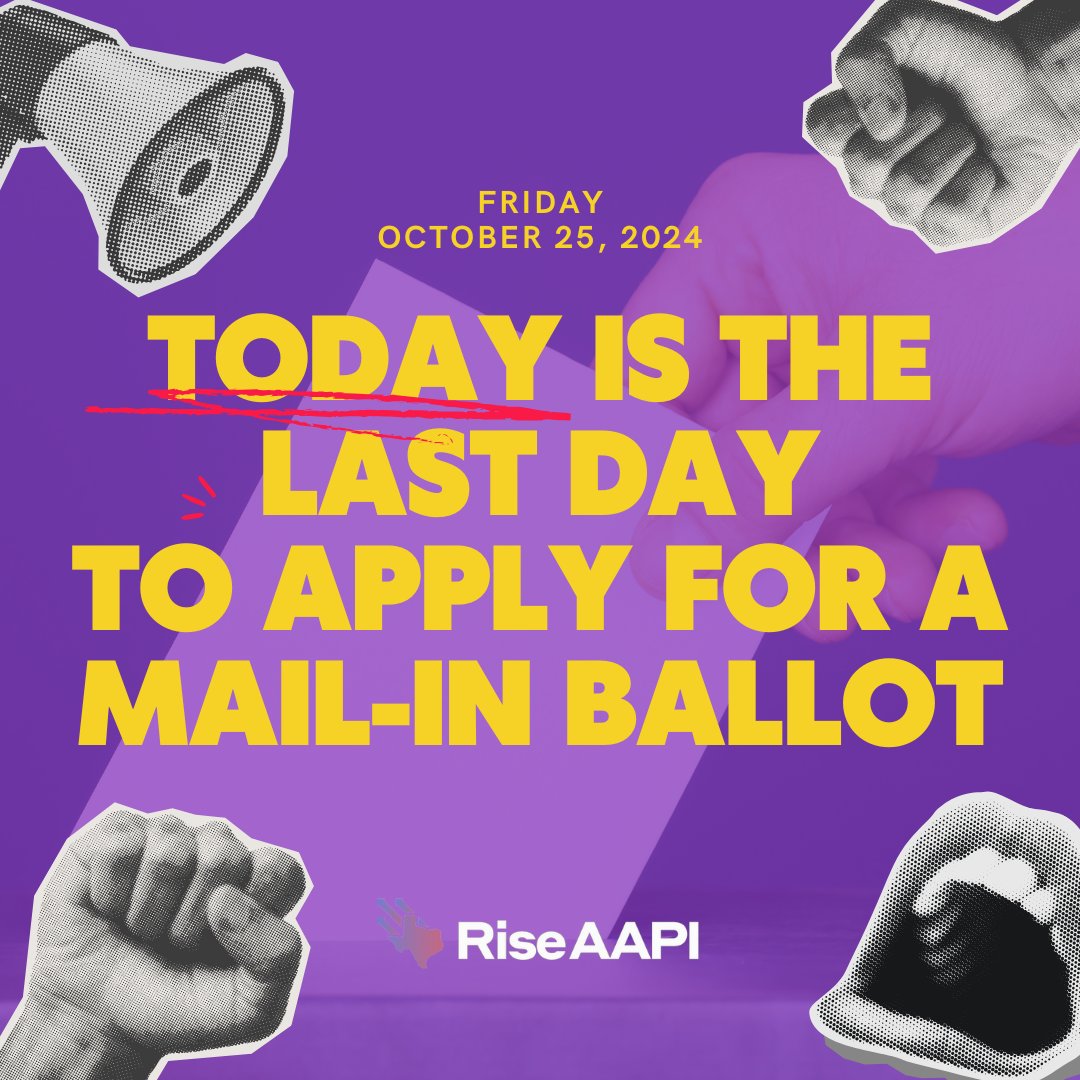 RiseAAPI's tweet image. Today&apos;s the last day to apply for vote by mail! This is important if you&apos;re a college student away at school, or will be out of town during Early Voting &amp;amp; Election Day.  For more on how to find your nearest polling location, voting hours, &amp;amp; more, visit riseaapi.org/votinginfo