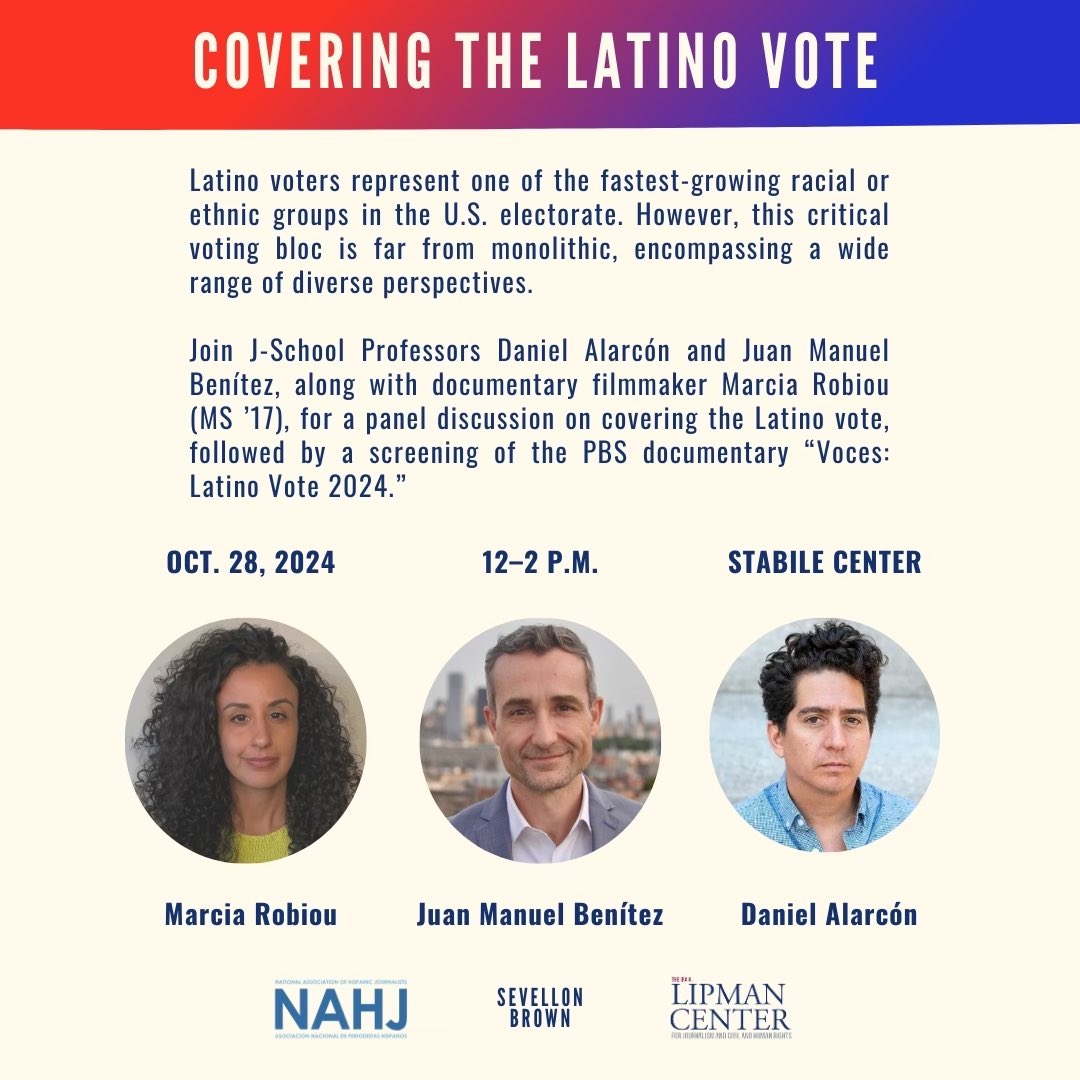 Join the Columbia Journalism School chapter of NAHJ for a discussion panel and screening!                            

📅 Date: October 28, 2024
🕛Time: 12 PM
🏫Location: Stabile Center, Journalism School