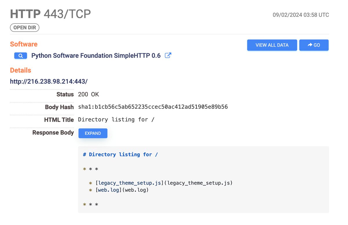 foxit's tweet image. Pivoting on the SimpleHTTP server on port 443 (but not TLS) and ASN 20473 we found servers that are likely related to the #FortiJump #FortiManager CVE-2024-47575 exploitation campaign that are not yet publicly mentioned. IOCs:

* 107.191.63[.]169
* 139.180.138[.]190
*…