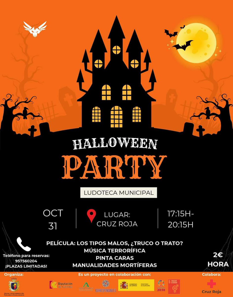 CASAJUVENTUDPYA's tweet photo. 𝗛𝗮𝗹𝗹𝗼𝘄𝗲𝗲𝗻 𝗣𝗮𝗿𝘁𝘆 en la Ludoteca Municipal.

🗓️ 31 de octubre ⏰ 17:15h. a 20:15h. 📍 Sede de Cruz Roja

ℹ️ Más info y reservas ☎️ 957 560 204 https://t.co/F9vWYqy7z6