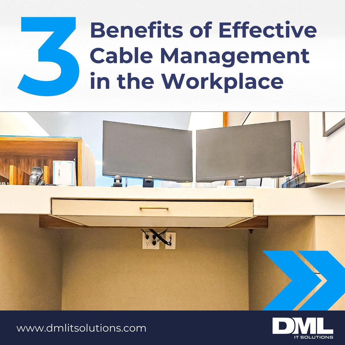 DMLITSolutions's tweet image. A well-organized workspace with neatly arranged cables is crucial for safety &amp;amp; efficiency. Good cable management boosts productivity, lowers risks, and creates a professional environment. 🌐 Discover how our managed IT services can support your business: dmlitsolutions.com