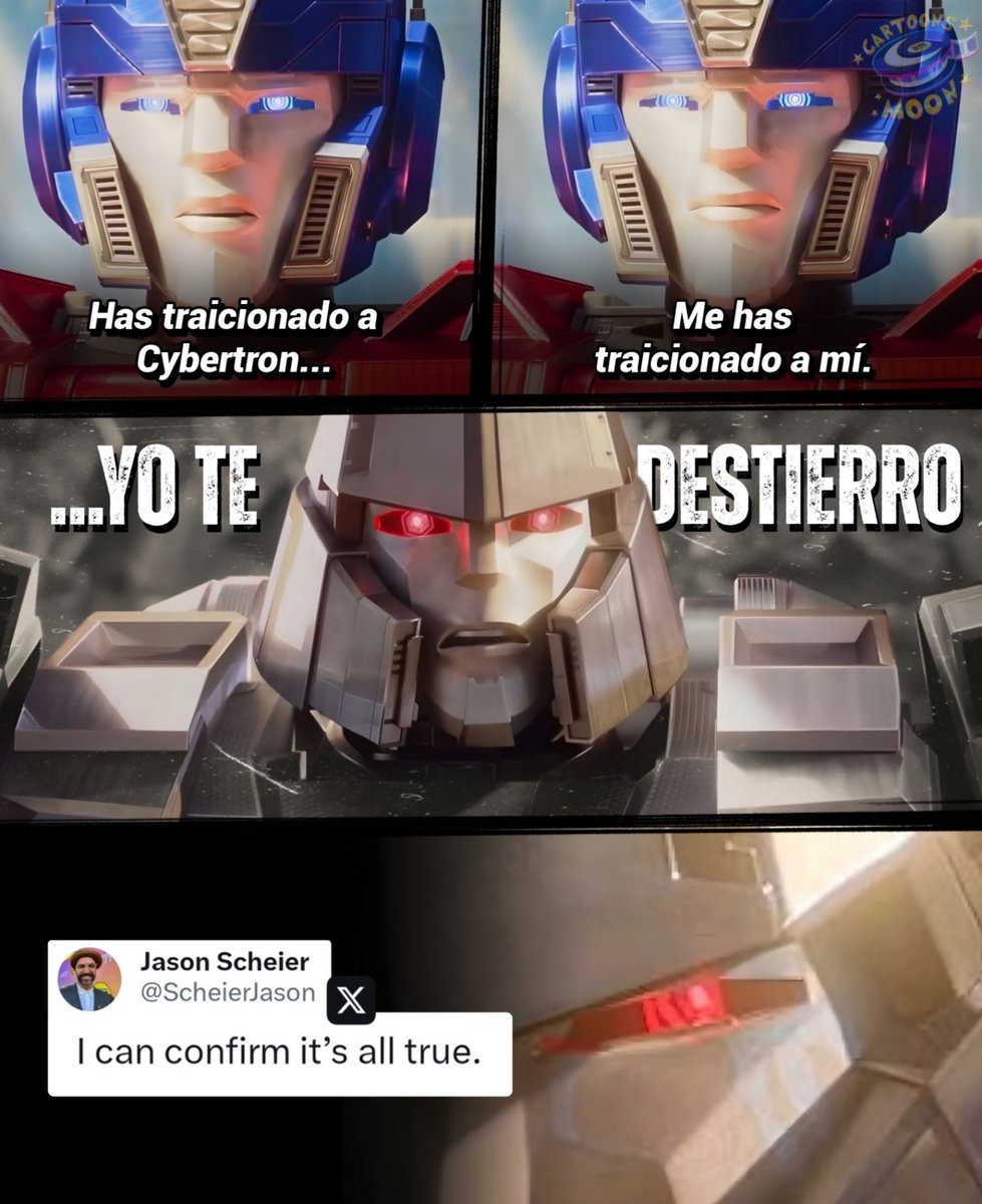 CartoonsOTMoon's tweet photo. En el final de Transformers One, cuando Megatron es desterrado por Optimus...

Empieza a llorar.

No es una teoría, fue confirmado por el propio diseñador de producción.

Los ojos de Megatron en la escena, fueron bautizados por el equipo como "Las lágrimas de batalla del 86" https://t.co/glXSNyONRo