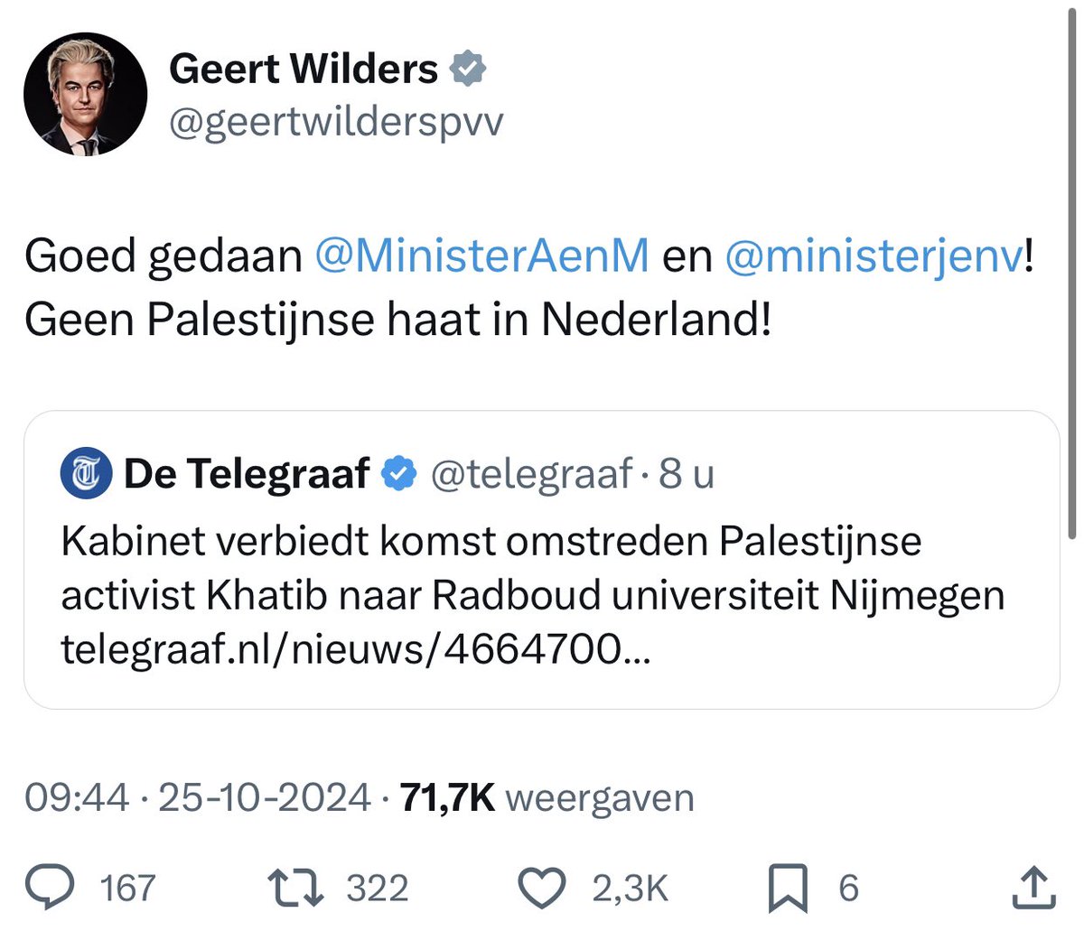 In tegenstelling tot het eindeloze lege gejammer van rechtse witte mannen over cancel culture* is dit wél echt bloedlink en doodeng: een kabinet dat, zonder rechtsgrond, een activist met een onwelgevallige mening verbiedt te spreken op een universiteit. 

Een bizarre schending