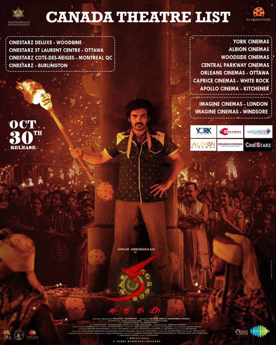 yorkcinemas's tweet photo. Here is the Canada theatre list of #KA
His world is intriguing🔥
His journey is a mystery🔥
Meet #AbhinayaVasudev as he delivers the power-packed and visually stunning #KA releasing #30thoct
@kiran_abbavaram @nayansarika_05 @tanviram_ @sujith_maddela @sandeep__maddela https://t.co/yCpBjibBkU