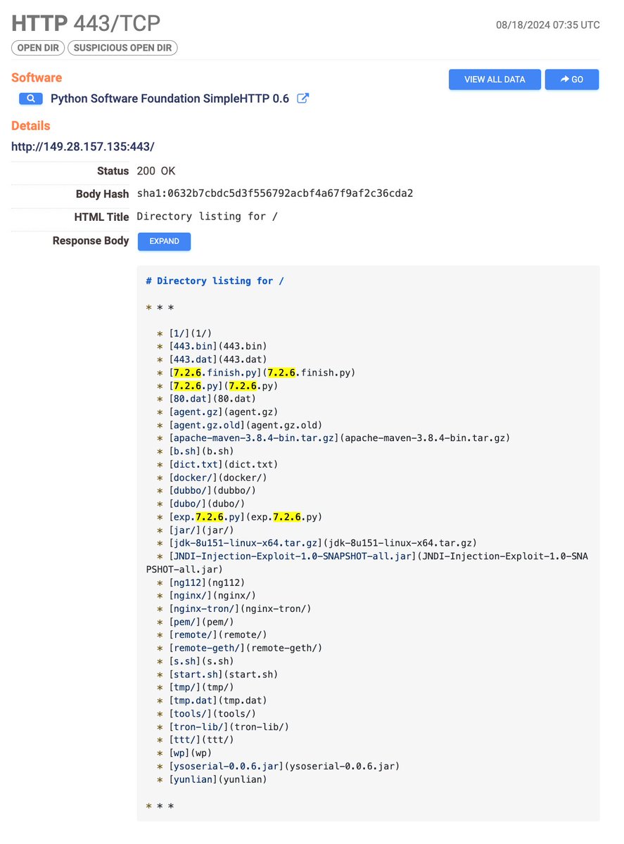 foxit's tweet image. Some of these servers show similarities with known attacker infra, like hosting *.js files. We observed compromised FortiManager devices use cURL to retrieve such files, e.g. dom.js. Another server had a file named exp-7.2.6.py, which is also a valid FortiManager…