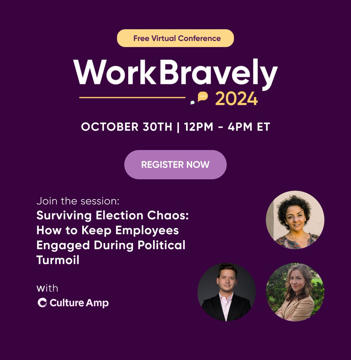 The WorkBravely 2024 conference is an opportunity to hear from industry experts – including Culture Amp’s Dr. Kristen Swigart – and gain actionable insights on how to empower your workforce, build your culture, and elevate your approach to leadership. bit.ly/3NGDISh