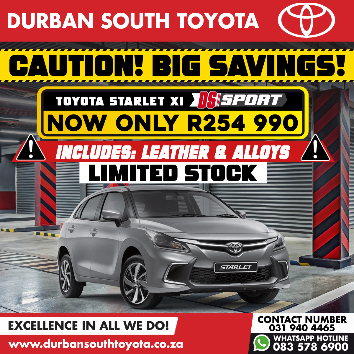 dstoyota's tweet photo. Get BIG savings at Durban South Toyota. Drive the stylish Toyota Starlet DS Sport - fitted with extras including leather seats and alloy wheels. Now only R254 990. Hurry, stock is limited. Visit our showroom for a test drive.

#BigSavings #StarletDS #DurbanSouthToyota #ToyotaSA https://t.co/9sfAQ24e6f