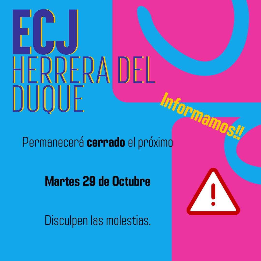 El <a href="/ecjherrera/">ECJHerrera del Duque</a> 

Permanecerá cerrado durante todo el día, el próximo martes 29 de octubre.

Lamentamos las molestias.

Pero estaremos preparando nuevas actividades!!!

Atentos a las novedades

<a href="/IJExtremadura/">IJEXtremadura</a> 
<a href="/cultura_EXT/">Cultura, Turismo, Jóvenes y Deportes</a> 
<a href="/aytoherrera/">Herrera del Duque</a> 
<a href="/IESBenazaire/">IESBenazaire Herrera</a>