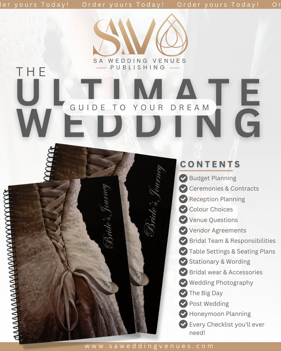 saweddingvenues's tweet image. 📖✨ Introducing "Bride's Journey"  The Ultimate Wedding Guide for Brides-to-Be! ✨📖

Order yours now:
saweddingvenues.com/product/brides… 

#BridesJourney #WeddingGuide #UltimateWeddingPlanning #SAWeddingVenues #WeddingPlanning2025 #LoveStories #WeddingInspiration #WeddingJournal #MadeinZA