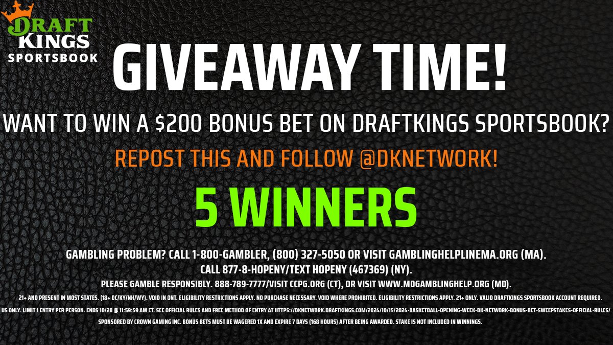 DraftKings Network (@dknetwork) on Twitter photo GIVEAWAY!!
To celebrate opening week of the NBA season, we're giving away five $200 <a href="/DKSportsbook/">DraftKings Sportsbook</a> bonus bets ๐
To Enter:
1. Repost this post
2. Follow us
Ends 10/28 12pm ET. T&C: bit.ly/4eQkBBg GIVEAWAY!!
To celebrate opening week of the NBA season, we're giving away five $200 <a href="/DKSportsbook/">DraftKings Sportsbook</a> bonus bets ๐
To Enter:
1. Repost this post
2. Follow us
Ends 10/28 12pm ET. T&C: bit.ly/4eQkBBg