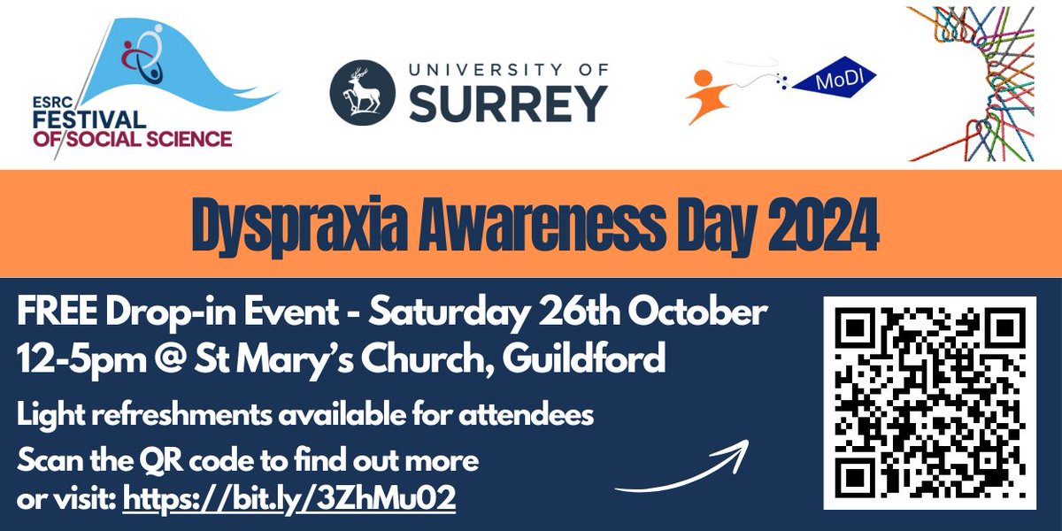 Martel_MF's tweet image. Do you have your ticket for tomorrow's #Dyspraxia event? If not, there is still time and you can also drop in without booking. You'll hear about #research, #lived experiences and how to get support @MoDILab_Surrey @SurreyPsych @judithgentle12