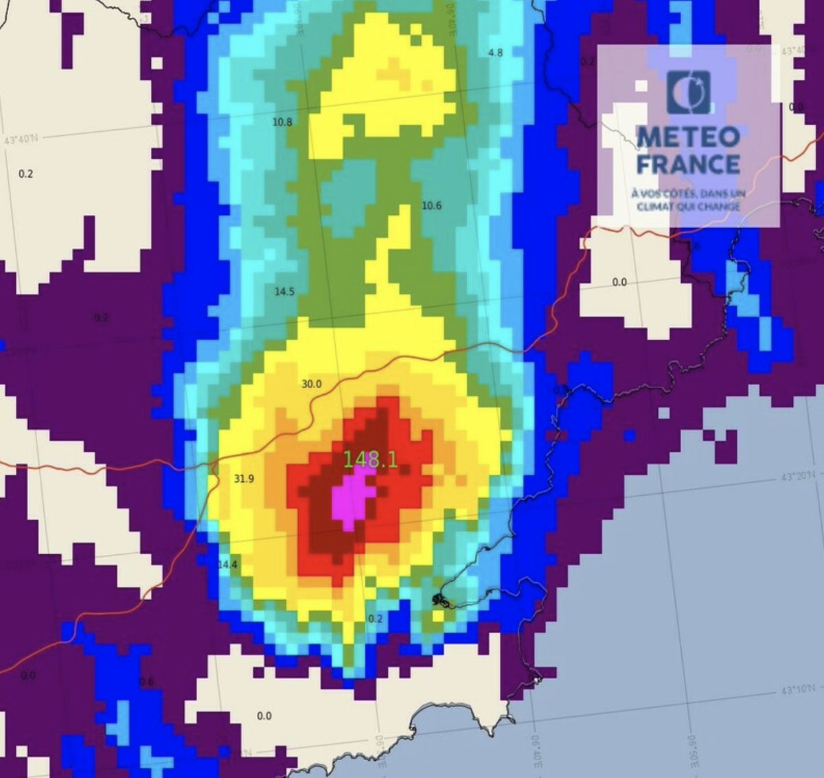 Thierry Goose (@thierrygoosebc) on Twitter photo ‼️ Exceptional rainfall intensity during a storm in #Vidauban (83), SE #France.
☔️ 25.4 mm/5 min ➡️ Top 3 France
☔️ 29.9 mm/6 min ➡️ Top 5
☔️ 64.7 mm/15 min ➡️ Top 2
☔️ 101.3 mm/30 min ➡️ French record! 🏆
☔️ 119.0 mm/60 min ➡️ Top 19
Source: MF from <a href="/infoclimat/">Asso Infoclimat</a> forums. ‼️ Exceptional rainfall intensity during a storm in #Vidauban (83), SE #France.
☔️ 25.4 mm/5 min ➡️ Top 3 France
☔️ 29.9 mm/6 min ➡️ Top 5
☔️ 64.7 mm/15 min ➡️ Top 2
☔️ 101.3 mm/30 min ➡️ French record! 🏆
☔️ 119.0 mm/60 min ➡️ Top 19
Source: MF from <a href="/infoclimat/">Asso Infoclimat</a> forums.