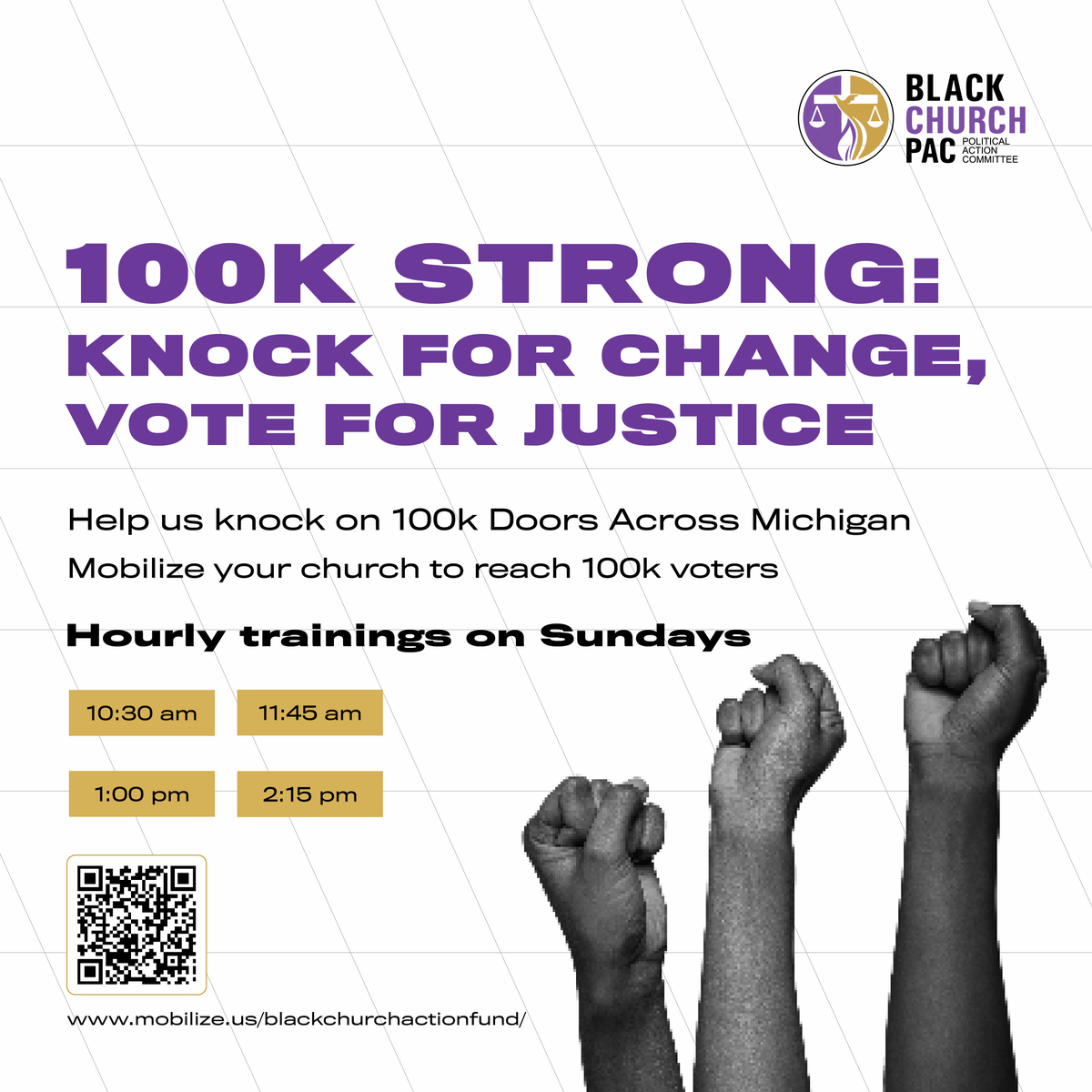 Mobilize Michigan: 100K doors, 100K voices!

We’re knocking for justice across Michigan—join us to train and make a difference in the 2024 election. 🙌🏾 Your voice matters!

Sign up now to help us reach 100,000 voters: loom.ly/mCgOz5g

#BlackChurchPAC