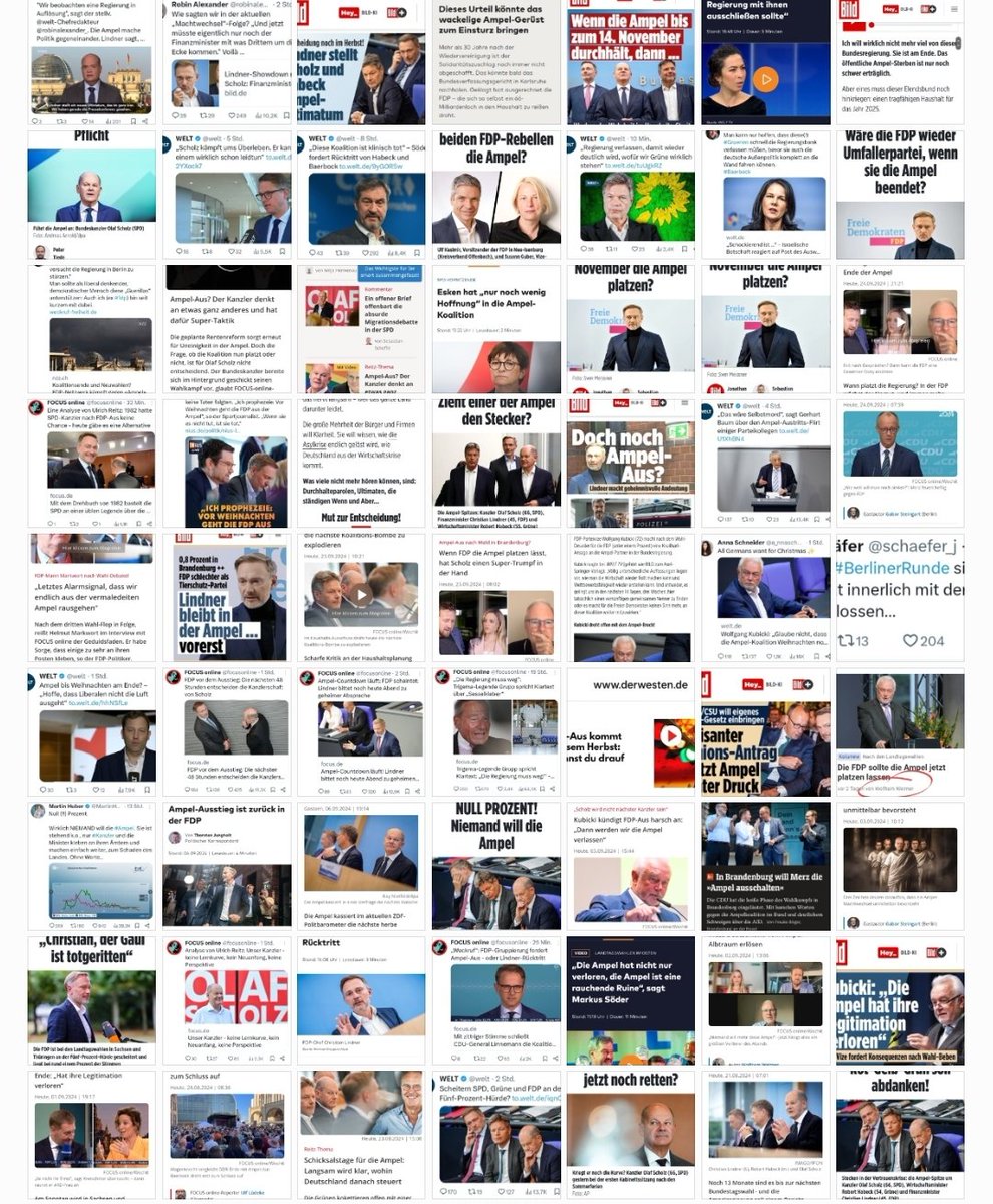 GesGefluester's tweet photo. Aktueller Stand: Bild, Welt und Focus haben von 01.01.24 bis heute mindestens 133 Artikel zum Ampel-Aus publiziert. Es sind immer die gleichen ca. 10 Autoren. Haupt-Kronzeuge ist 'überraschenderweise' Kubicki. Es wird Vielstimmigkeit nur vorgetäuscht.
#floodthezone with shit. https://t.co/L8hYyGmA7r