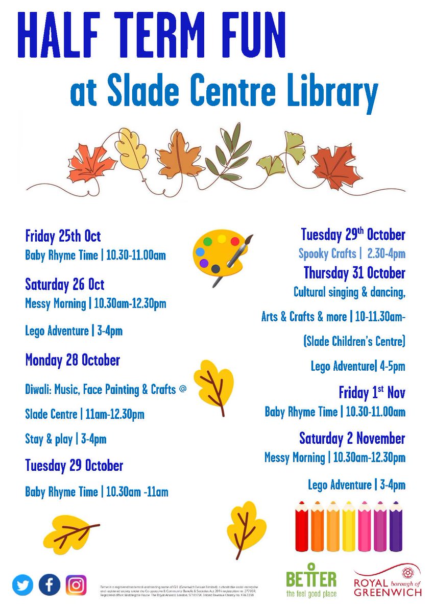 GreenwichLibs's tweet image. Join us at #SladeLibrary and children&apos;s centre for free #HalfTerm fun including seasonal crafts, Lego adventures, face painting, Diwali celebrations and more! 📚 #LoveYourLibrary