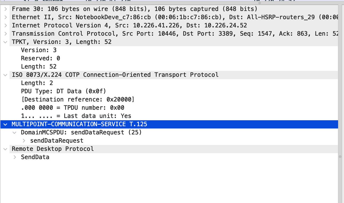 __atinder__'s tweet photo. RDP protocol use TPKT as its transport protocol. Expect to see more protocols like TPKT, COTP along with RDP when analyzing network traffic.

https://t.co/deP4jDE4bQ https://t.co/gqpefGnFdi