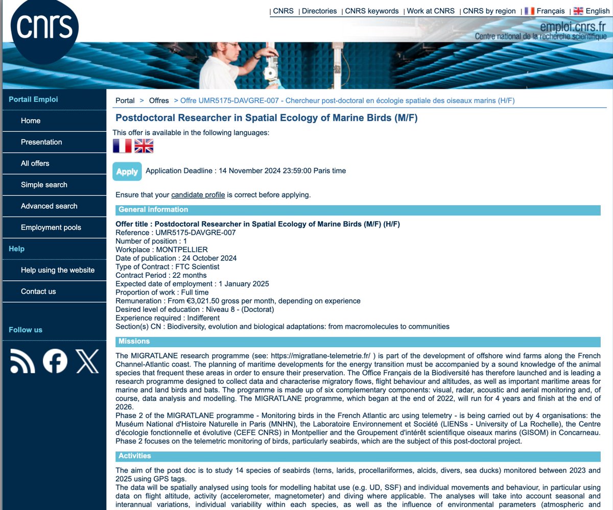 World Seabird Union (@seabirders) on Twitter photo Exciting Postdoctoral Researcher in Spatial Ecology of Marine Birds with  MIGRATLANE research programme. The position is in applied seabird ecology with ample room to work on fundamental aspects of seabird migration ecology. 
emploi.cnrs.fr/Offres/CDD/UMR… Exciting Postdoctoral Researcher in Spatial Ecology of Marine Birds with  MIGRATLANE research programme. The position is in applied seabird ecology with ample room to work on fundamental aspects of seabird migration ecology. 
emploi.cnrs.fr/Offres/CDD/UMR…
