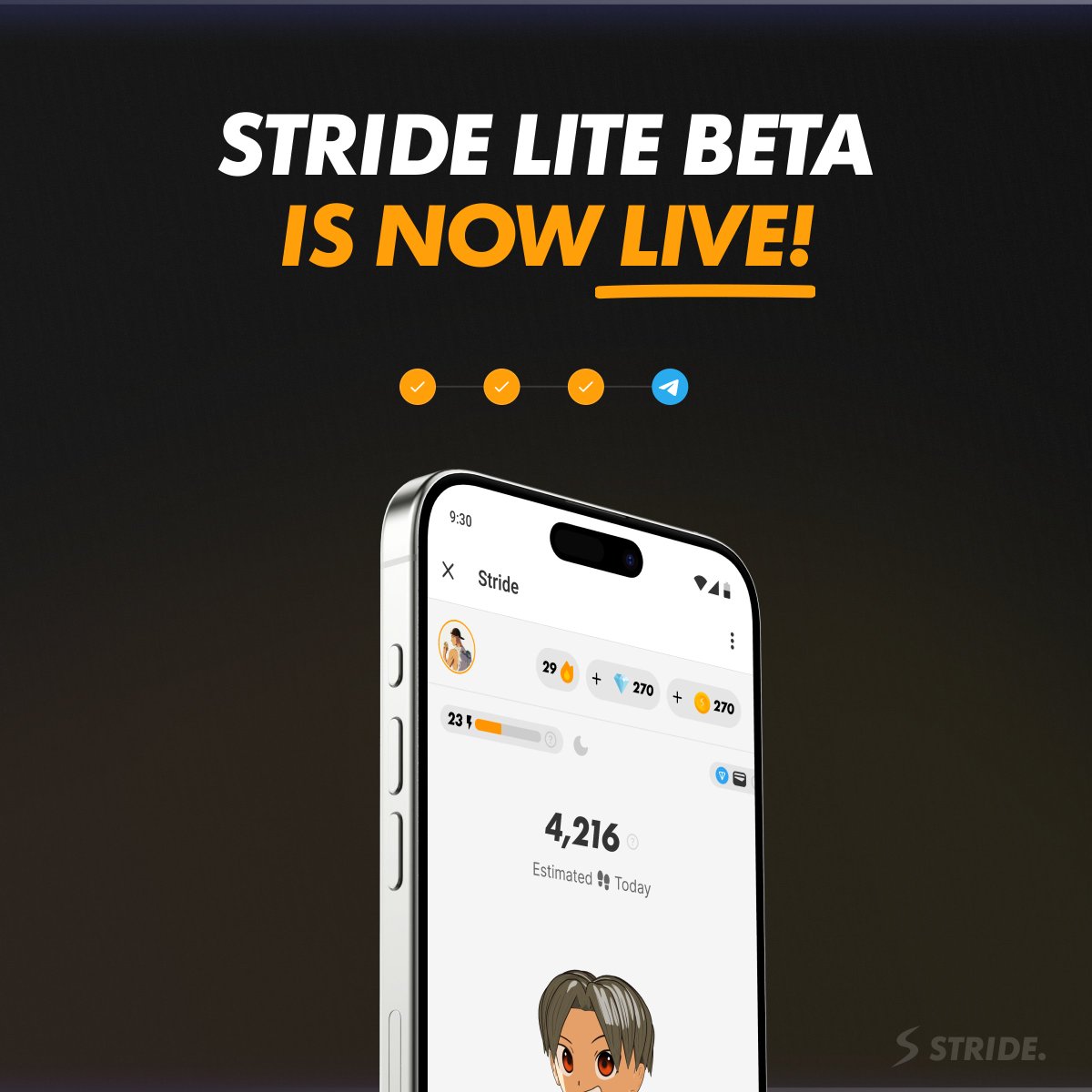 STRIDE LITE BETA IS NOW LIVE!

Get your stride on, track your steps and earn money staying fit!

Play: t.me/stridelitebot
Stay up to date: t.me/StrideLite