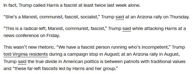 ddale8's tweet photo. Unmentioned in the Johnson-McConnell letter: Trump has for months been calling Harris a fascist. From September: https://t.co/DriKPKdFtd https://t.co/xXGxfqIqQq https://t.co/zqbUeCeABp