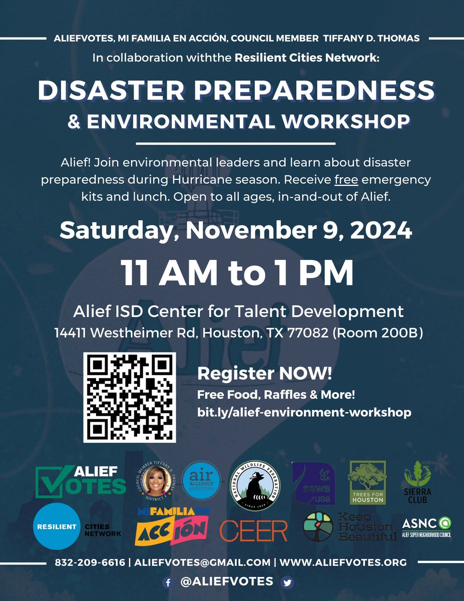 AliefVotes's tweet image. 📷 Don’t miss the Disaster Preparedness &amp;amp; Environmental Workshop on Nov 9, 11 AM - 1 PM, at Alief ISD! 

Free emergency kits, food, &amp;amp; raffles. Be prepared, Alief! Register: bit.ly/alief-environm… 

#DisasterPreparedness #AliefVotes #ResilientCities