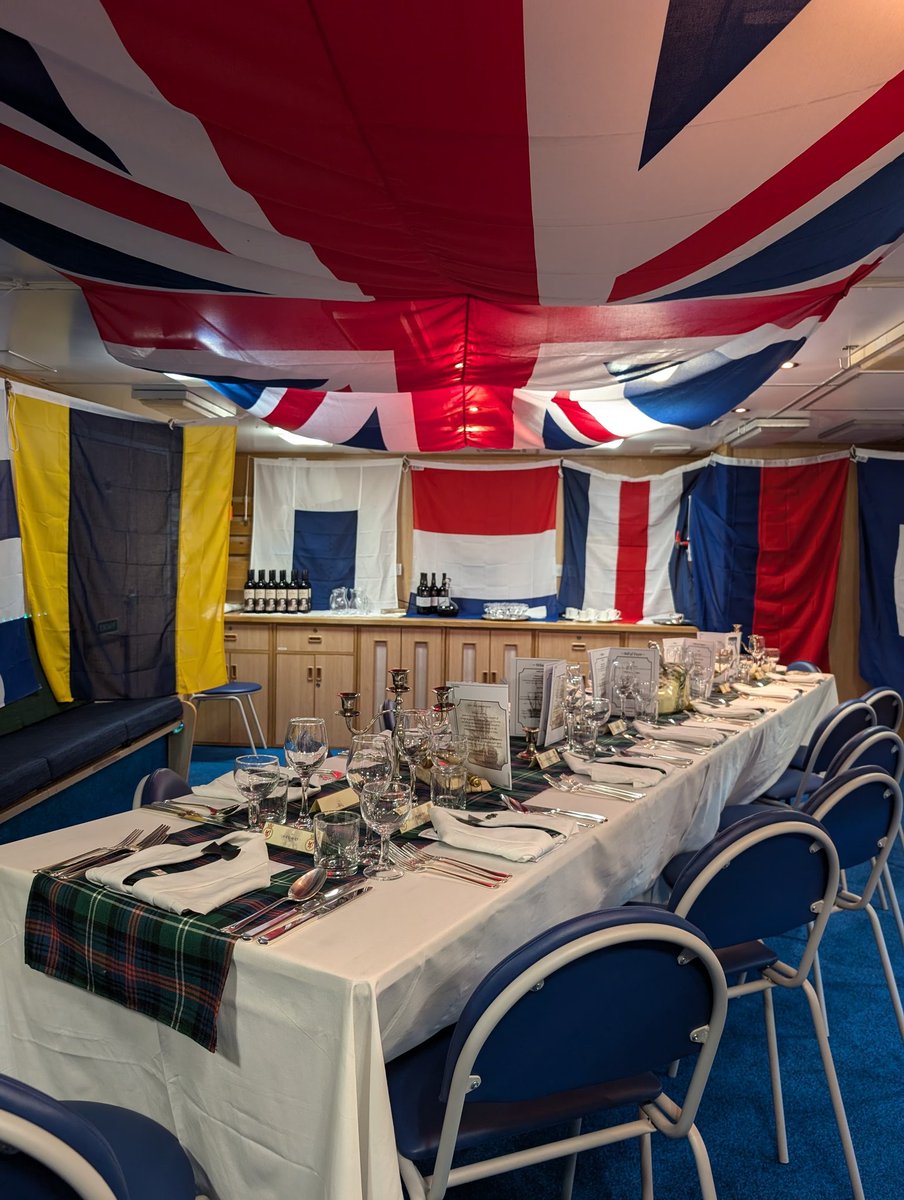 HMSSutherland's tweet image. The Fighting Clan's Wardroom held their first Trafalgar Night dinner onboard in over 4 years.
A good time was had by all on a night of festivities and remembrance.
Thank you to Cdre Large OBE for agreeing to be our VIP and to @ARNORNOC for the bottle of Port.
#F81 #SansPeur #Traf
